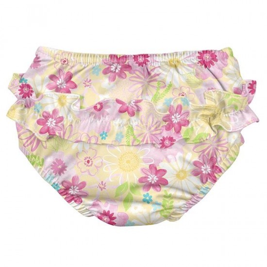 Yellow Watercolor Floral 18 luni - Slip inot refolosibil SPF 50+ cu capse si volanase Green Sprouts by iPlay