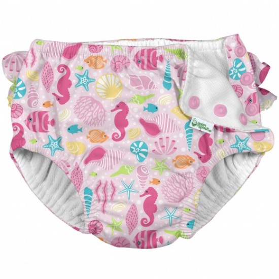 Pink Sealife 4T - Slip inot refolosibil SPF 50+ cu capse si volanase Green Sprouts by iPlay